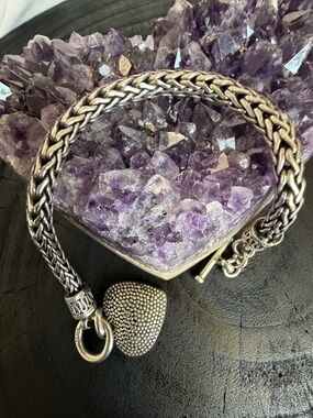 Vintage Sterling Silver Woven Bracelet with Textured Heart Charm - Silver